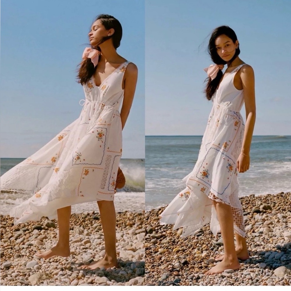 New Anthropologie Embroidered Patchwork Maxi Dress White Embroidered